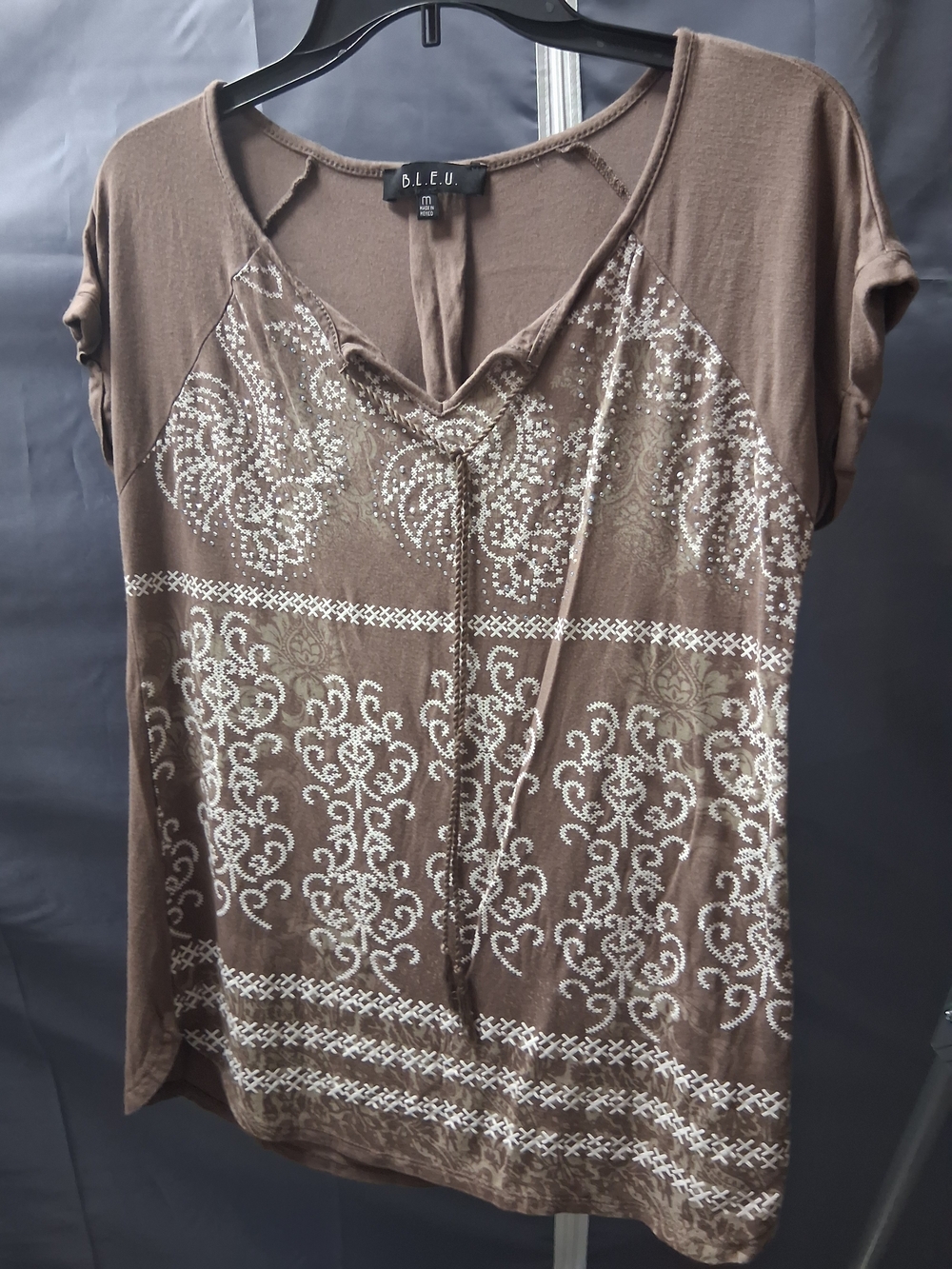 B.L.E.U. Brown Short-Sleeve V-Neck Top with Silver Metallic Print